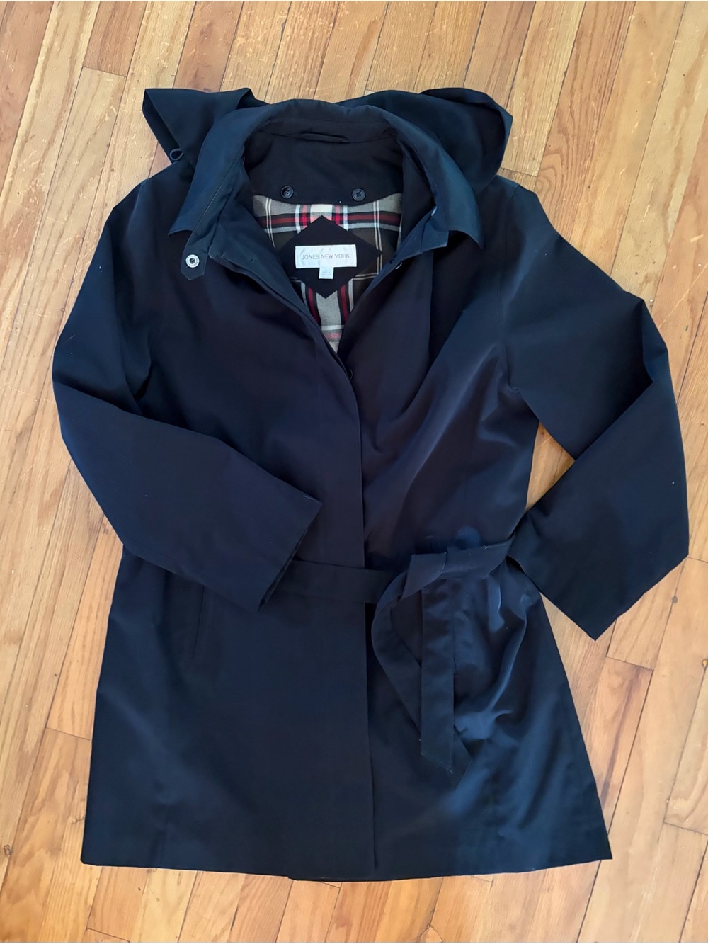 Jones New York Black Hooded Trench with Belt Heavyweight Softshell size L